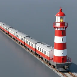 a long train carrying lighthouse on each carriage