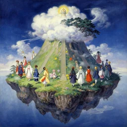over youkai mountain the floating continent of bhava - agra, the heavenly abode of the celestials, touhou gensokyo art by oskar shlemmer james jean rembrandt kawase hasui romantic oil on canvas matte shimmer artstation
