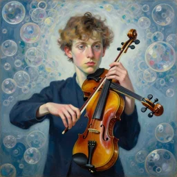 portrait of a young violinist focusing and violin hanging in air painted by vincent lefevre and james jean and pat steir and hilma af klint, psychological, symmetrical face, background with hundreds of bubbles by andreas gursky, rendered in octane, altermodern, masterpiece