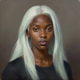 a detailed matte oil on canvas head on symmetrical portrait of black skinned woman with! long white hair! and ( pale greenish ) hair, wearing a dark cotton shirt by charlie bowater, lise deharme, wlop, trending on artstationhd, dungeons and dragons art critical role