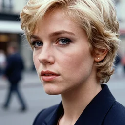 ektachrome, 3 5 mm, highly detailed : incredibly realistic, perfect features, blond, beautiful three point perspective extreme closeup 3 / 4 portrait photo in style of chiaroscuro style 1 9 7 0 s frontiers in flight suit cosplay paris seinen manga street photography vogue fashion edition