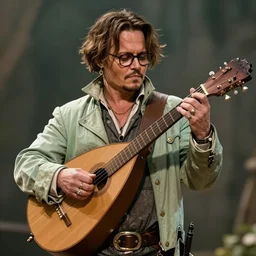 Breathtaking comic book style of Johny Depp portrayed as a Dungeons and Dragons bard, playing the lute and wearing a pale green jacket