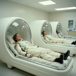 a wide shot of Ripley sleeping inside an all-white room of cryogenic sleep chambers by Ridley Scott, Alien movie, grainy, bluish and cream tones