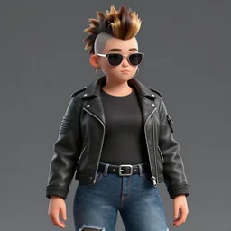 a young chubby goth woman an ombre mohawk wearing a leather jacket, sunglasses, jeans, and a tshirt. blender art, illustrations, pixiv, by ribosoma _ 4 2, guweiz