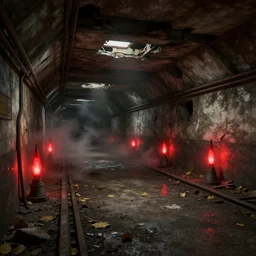 ruined, abandoned, underground metro station, seen from inside. red flares on the ground is the only lightsource. Smoke. Dirt, leaves on ground. Unreal Engine. Substance painter. Zbrush. Trending on artstation. 8K. Highly detailed.