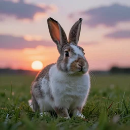 cgi art of a rabbit in the middle of a grass field, 8k, colorful. sunset, clouds in the background, good lighting