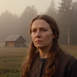 close up portrait bust of woman, solemn expression, faded color film, russian cinema, tarkovsky, kodachrome, heavy forest, wood cabin in distance, long brown hair, old clothing, heavy fog, atmospheric haze, brown color palette, sunset, low light, hudson river school, 4 k, dramatic lighting