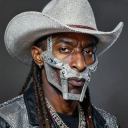 beautiful lifelike painting of mf doom rhinestone cowboy, hyperreal detailed facial features and uv lighting, art by ed roth and basil wolverton