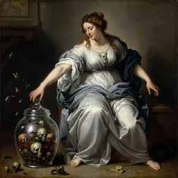 a painting of pandora opening her jar, releasing insects and critters that impersonate sickness and death, misery, she is fully dressed, she is wearing robes. in the style of realism and a masterpiece by artemisia gentileschi