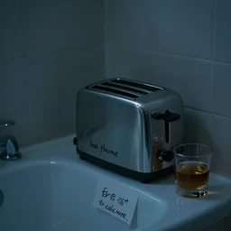 toaster on the bathtub, sad, alcohol nearby, picture with message, depression, dark climate