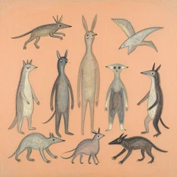 by joan miro, by charles reiffel lines pastel orange, pastel. a beautiful drawing of a group of creatures that looks like a mix of different animals. most of the creatures have human - like features, such as arms & legs, & some are standing upright while others are crawling or flying.