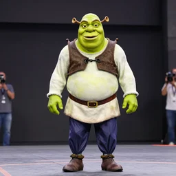 shrek winning a Melbourne shuffle competition wearing umbrella pants, professional photography