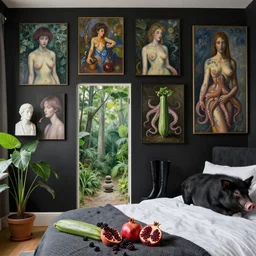 artistic bedroom with black walls and several paintings, sculpture, emo artist eating blackberries, plants, a liminal doorway to nature, zen, black boots, pomegranate, a black pig, courgette, octopus, sensual surrealism, by monet and and rousseau and magritte