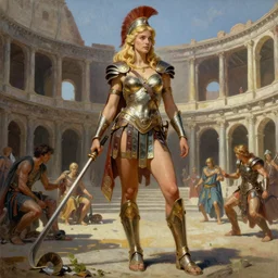 A mixed media painting of a beautiful blonde warrior goddess in a coliseum, spartan armor, very aesthetic, curvy, detailed face and eyes, by Frank Frazetta, Boris Vallejo, Greg Rutkowski, Beeple, Yoko Taro, Christian MacNevin, epic fantasy character art, roman numerals, high fantasy, CGsociety, full length, exquisite detail, post-processing, masterpiece, cinematic, coliseum backdrop