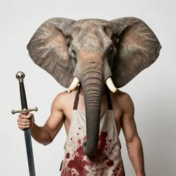 elephant head on a man's body wearing a blood stained apron holding a sword