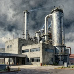 concept art of a concrete factory exterior, pinterest, artstation trending, behance, watercolor, by coby whitmore, silver, laser light,