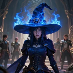 A beautiful dark magician girl with a large witches hat covered in blue flames by Greg Rutkowski, Sung Choi, Mitchell Mohrhauser, Maciej Kuciara, Johnson Ting, Maxim Verehin, Peter Konig, final fantasy , mythical, 8k photorealistic, cinematic lighting, HD, high details, atmospheric,
