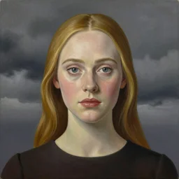 professional painting of Elle Fanning in the style of Rene Magritte, head and shoulders portrait, symmetrical facial features, smooth, sharp focus, illustration, intricate, stormy weather, extremely detailed masterpiece,