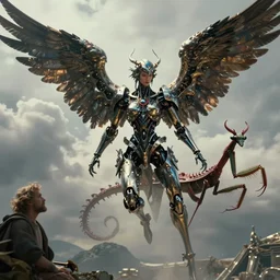 still frame from Prometheus movie by Makoto Aida, flying biomechanical angel gynoid by giger, mimicking devil's dragon flower mantis, metal couture by neri oxmn and Guo pei, flying angel editorial by Malczewski and by Caravaggio