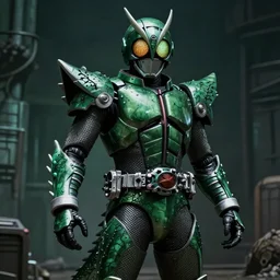 Knight inspired power armor, Kamen Rider influence, dragon, rubber undersuit, chainmail, octane render, moody colors, dark green color scheme, 4k, glowing eyes in helmet, industrial environment, horror movie lighting, horror movie cinematography, biomechanical elements, hyper realistic