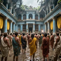 pov in a crowd of people with toga in ancient neoclassical buildings, light blue troglodyte temples with yellow drapery in a deep library pit by piranesi, cinestill 8 0 0 t 3 5 mm, high quality, mud, rain, fog, by night, ultra wide lens, anamorphic, flares