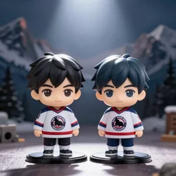 an anime Nendoroid of Bob and Doug MacKenzie, the great white north, hockey jerseys, figurines, detailed product photo