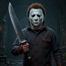 photorealistic, textured 3 d, horror movie halloween, dark fantasy, liminal space, michael myers holding large knife with blood dripping from it, 4 k