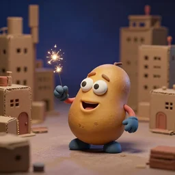a laika studios animated claymation film still of a happy charming googly eyed spud shaped potato rolling around a cardboard diorama town chatting. sparkly night. gloved hands. casual pose. depth - of - field. rule - of - thirds. laika, pixar, dreamworks, disney, indie, netflix, hulu animated claymation.