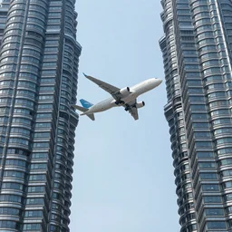 airliner flying between two skyscrapers