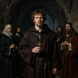 jesse eisenberg as an enigmatic medieval christian ( ( monk ) ) in a dark underground city. dark shadows, colorful, law contrasts, ( ( low key light ) ) ) fantasy portrait by jakub rozalski, jan matejko, and j. dickenson