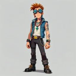 a 80s punk guy wearing goggles and eccentric jewelry by jamie hewlett :: full body character concept art, character concept art, color,