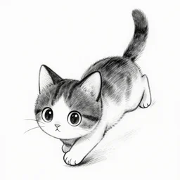 black and white manga drawing of a kitten, floating head, white background