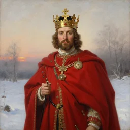 oil painting of king, red royal cape, large golden crown, rich jewellery, art by anders zorn, wonderful masterpiece by greg rutkowski, beautiful cinematic light, american romanticism by greg manchess, creation by tyler edlin, winter landscape in dawn, fog