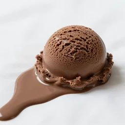 a scoop of chocolate ice cream spilled on a white bed, close up