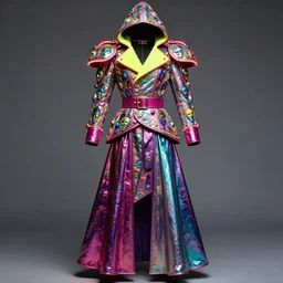 fashion photo in m. c. escher style of an insanely integrate elaborate shiny hooded steampunk livree jacket is textured with multicolored holographic faces and big yellow neon collar, magenta belts and buttons, big shoulders with glowing red edges, shiny long multicolored holographic wide long bell skirt, detailed fold fall,