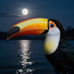 a toucan close up, midnight, lake, reflections, dark, mystery, wavy lake, moon light