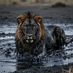 a black lioness, made of smooth black goo, bathing inside the lake of black goo, viscous, sticky, full of tar, covered with black goo. dslr, photography, realism, animal photography, color, savanna, wildlife photography, black goo
