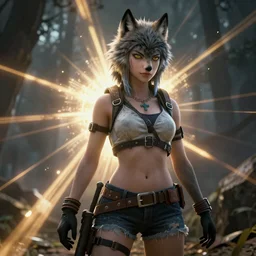 A screenshot from Fallout 4 featuring an anime wolf girl, unreal engine, ray tracing, god rays, DAZ, 4K, UHD, octane render, cinematic, volumetric lightning, game engine
