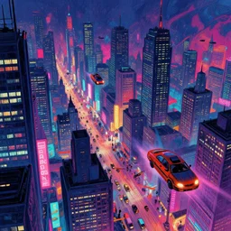 a cyberpunk cityscape with bright neon lights and flying cars. the city is teeming with life, and the sies are filled with air traffic. snore marc chagall psychedelic,