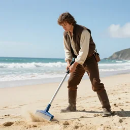 Anakin Skywalker vacuuming the beach to remove sand, highly realistic