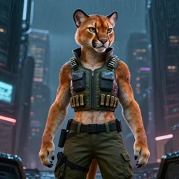 female furry anthro mountain lion, bullet proof vest, cargo pants. cyberpunk city, night, rain. hyper detailed, dynamic background, digital art, trending in artstation, cinematic lighting, studio quality, smooth render, unreal engine 5 rendered, octane rendered, art style by klimt and nixeu and ian sprigger and wlop and krenz cushart