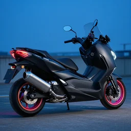 photo of tmax concept maxi scooter, sandalpunk, black matte paintjob, tuning award, big chrome exhaust, blue hour, colorful rims, 8 5 mm, f / 1. 3