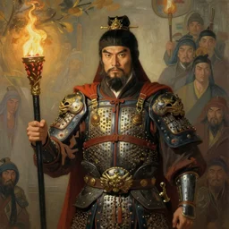a ancient chinese heavy armour solider with black beard hold a torch, character design, beautiful face, painting by gaston bussiere, katsuya terada, nc wyeth, greg rutkowski, craig mullins, vermeer, frank frazetta, mucha, trending on artstation, jeffery catherine jones