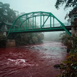 A photograph of Red Wine river with an emerald bridge. magical. ancient. mist. ghostly. magic particles. cinematic. Voices. Echoes. 18mm lens