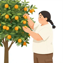 a short stocky [[[chubby]]] man with long black hair in a braided ponytail, wearing cargo shorts and a plain t-shirt, stealing kumquats from his neighbor's tree and putting them into a ziplock baggy, holding his iphone in his otherhand, in the daytime in suburban San Diego, California, artwork by Artgerm, Rutkowski, Dale Keown and Van Sciver, featured on artstation, cgsociety, behance hd