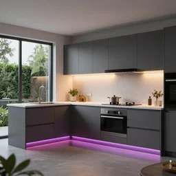 modern kitchen with rgb led strip lighting, homes and gardens, wren kithens, super detailed render, award winning,