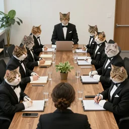 photo of a management board meeting of well dressed cats in tuxedos. Highly detailed 8k. Intricate. Sony a7r iv 55mm. Stock photo.