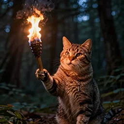 a cat holding fire torch, dark night forest, photoreal