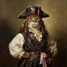 a cat dressed as a pirate captain posing for a portrait, centred, painted by rembrandt intricate ultra detailed painting atmospheric lighting golden hour