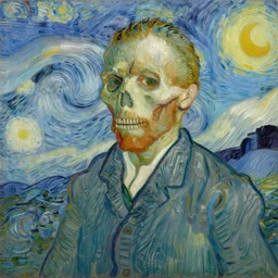 detailed expressionist!! oil painting portrait of a skeleton in a suit!! by van gogh, 8 k resolution, smooth, sharp focus, matte painting